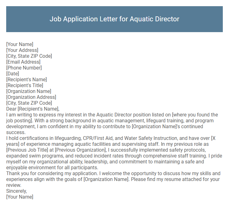 Job Application Letter for Aquatic Director