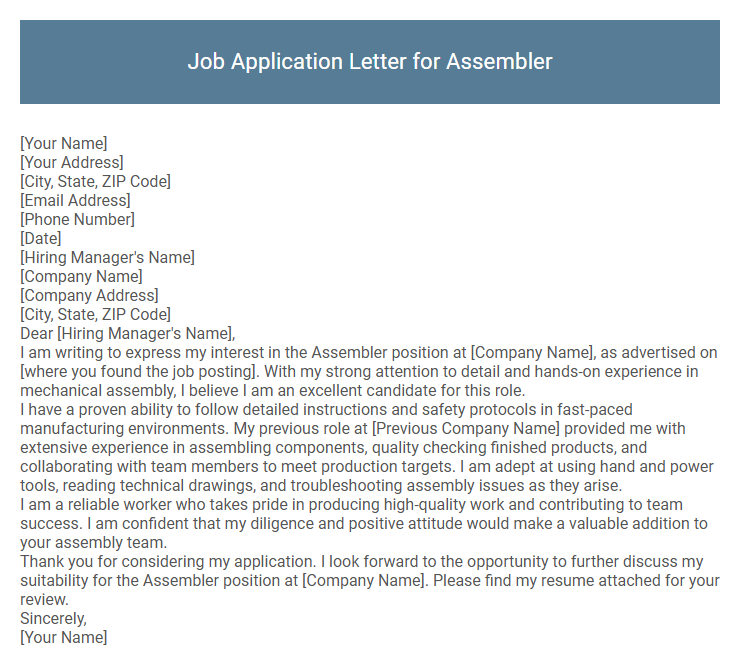Job Application Letter for Assembler