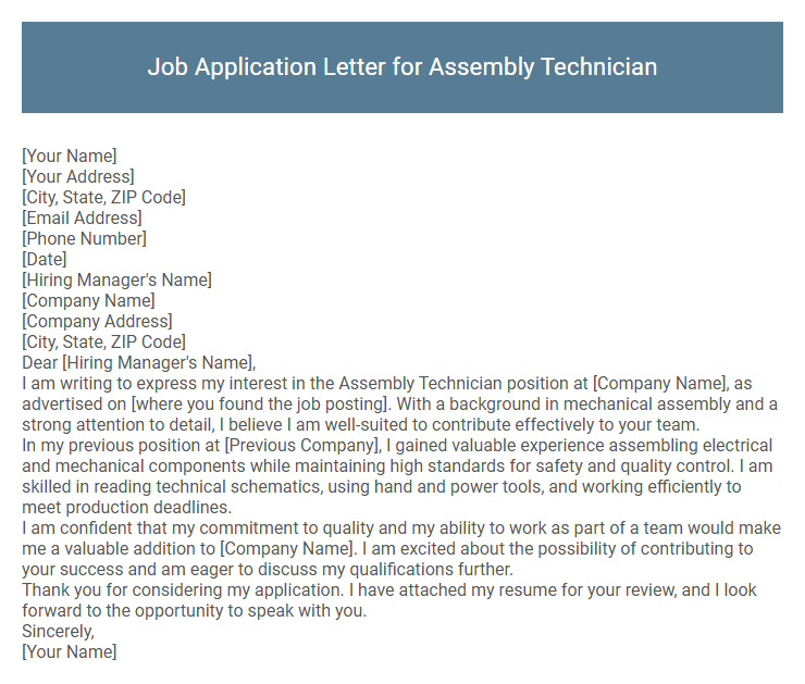 Job Application Letter for Assembly Technician