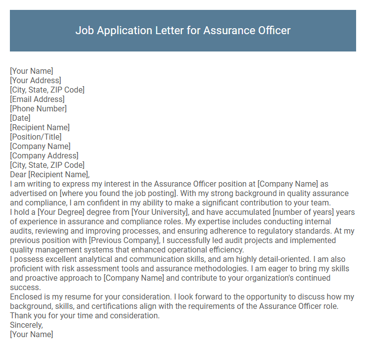 Job Application Letter for Assurance Officer