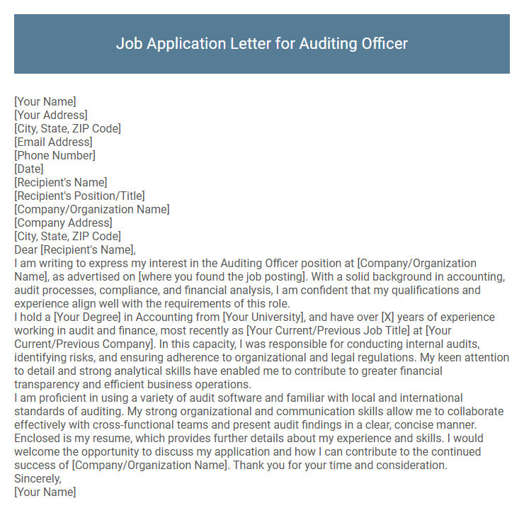 Job Application Letter for Auditing Officer