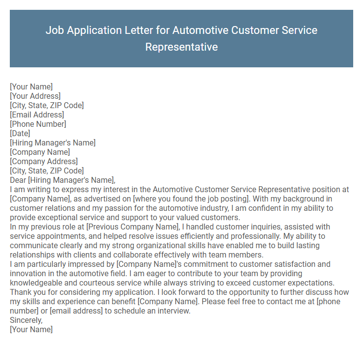 Job Application Letter for Automotive Customer Service Representative