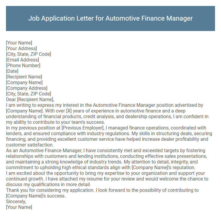 Job Application Letter for Automotive Finance Manager