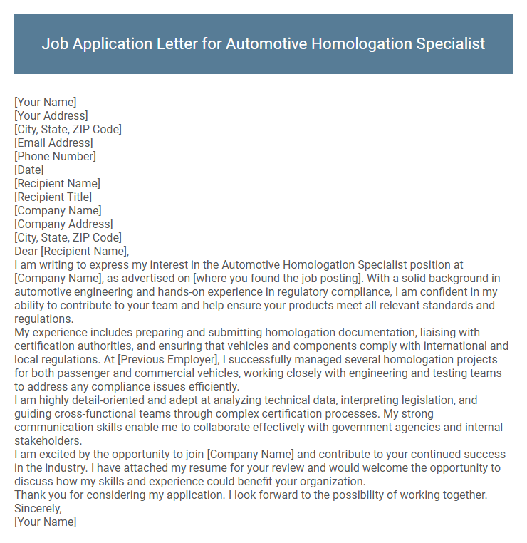 Job Application Letter for Automotive Homologation Specialist
