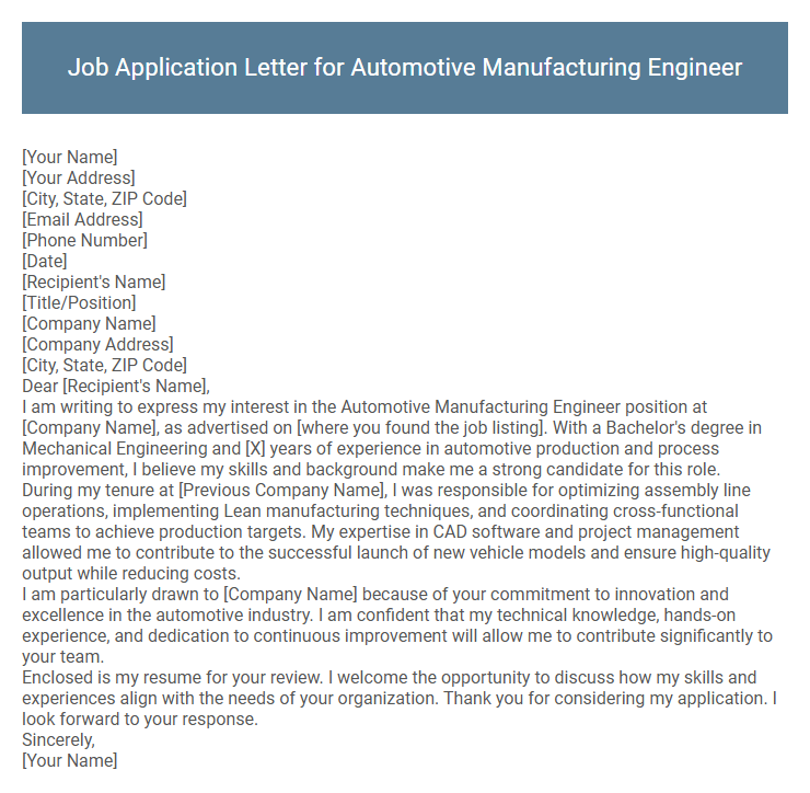Job Application Letter for Automotive Manufacturing Engineer