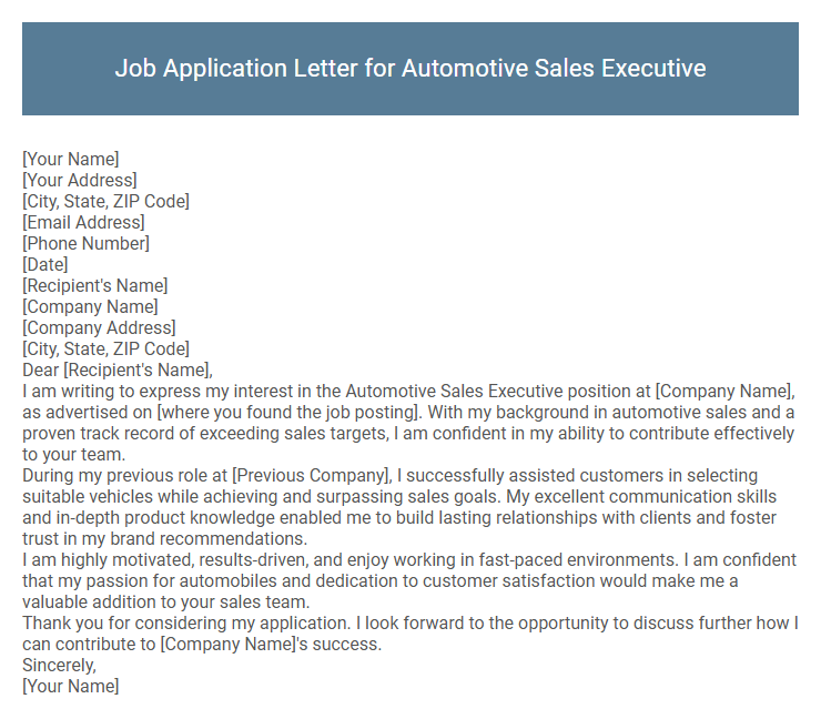 Job Application Letter for Automotive Sales Executive