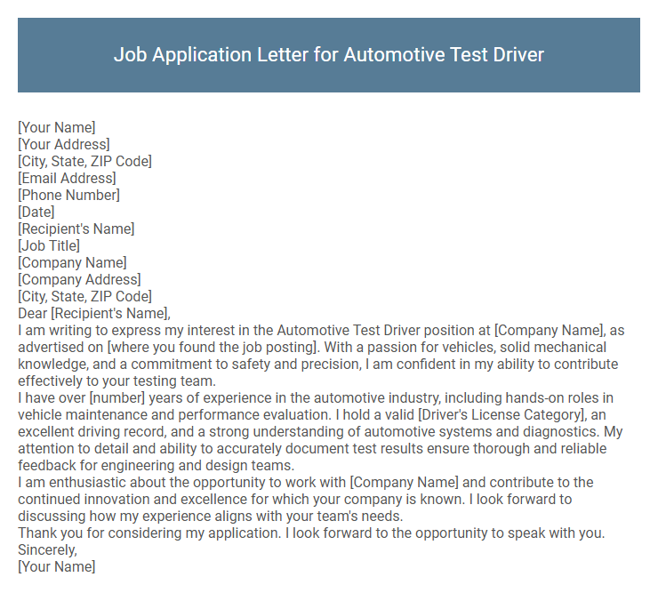 Job Application Letter for Automotive Test Driver