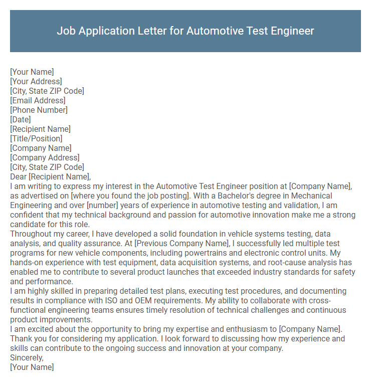 Job Application Letter for Automotive Test Engineer