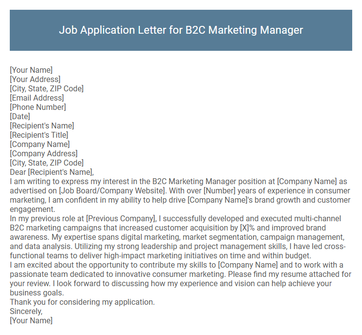 Job Application Letter for B2C Marketing Manager
