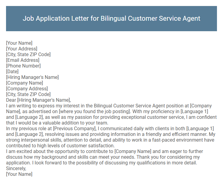 Job Application Letter for Bilingual Customer Service Agent