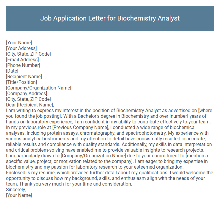 Job Application Letter for Biochemistry Analyst