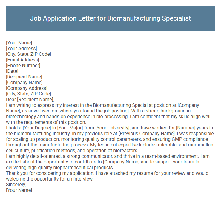 Job Application Letter for Biomanufacturing Specialist