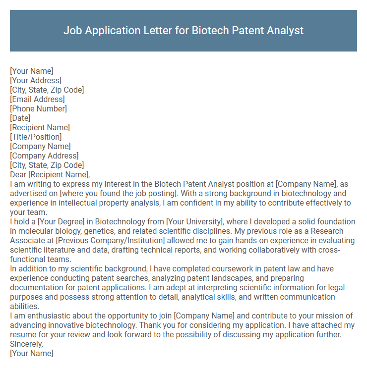 Job Application Letter for Biotech Patent Analyst