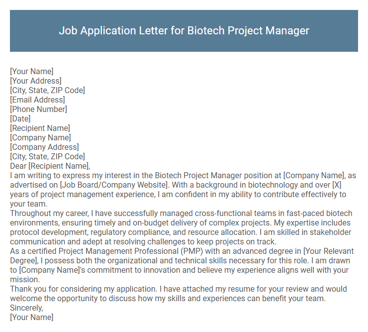 Job Application Letter for Biotech Project Manager