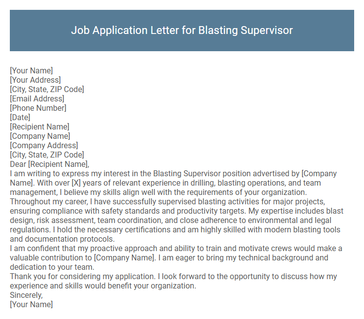 Job Application Letter for Blasting Supervisor