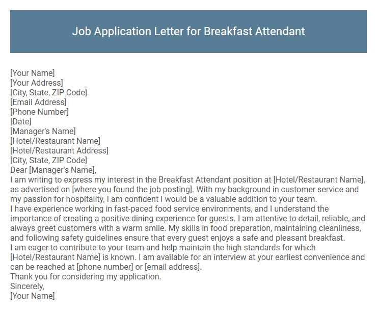 Job Application Letter for Breakfast Attendant