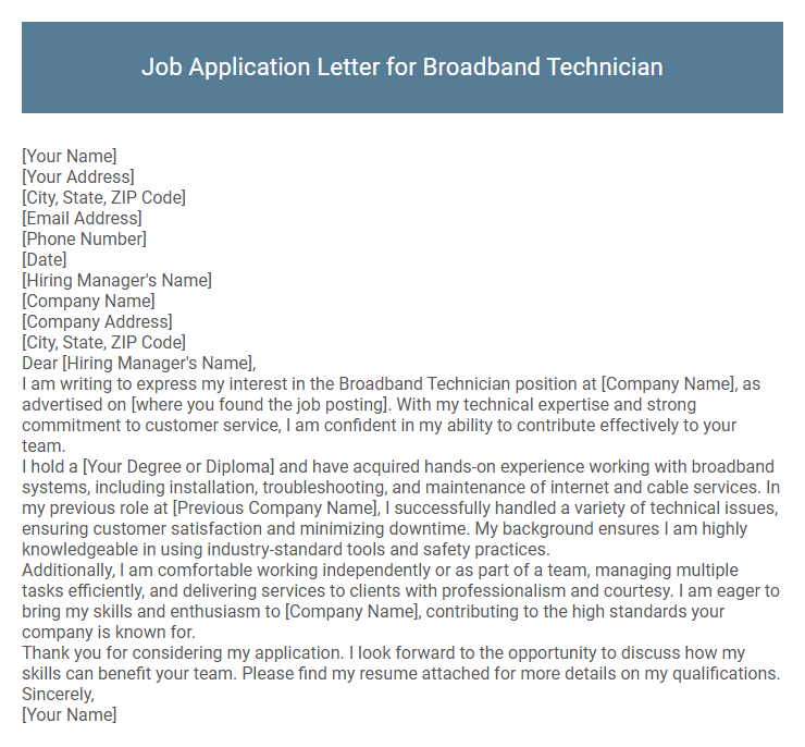 Job Application Letter for Broadband Technician