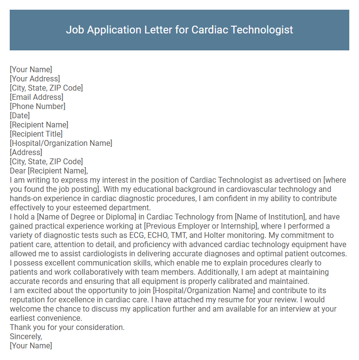 Job Application Letter for Cardiac Technologist