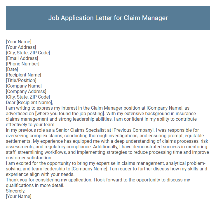 Job Application Letter for Claim Manager
