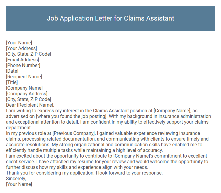 Job Application Letter for Claims Assistant