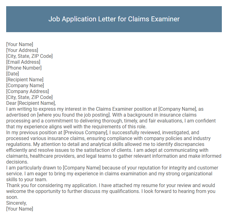 Job Application Letter for Claims Examiner