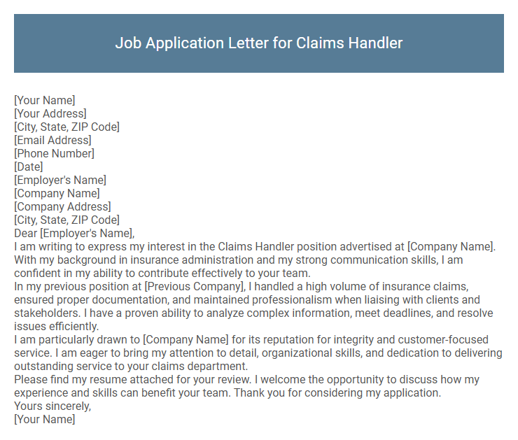 Job Application Letter for Claims Handler