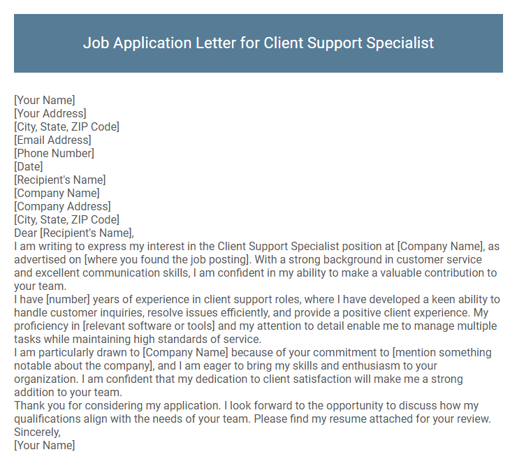 Job Application Letter for Client Support Specialist