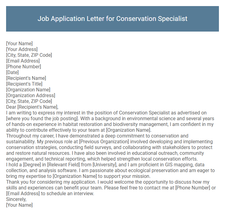 Job Application Letter for Conservation Specialist