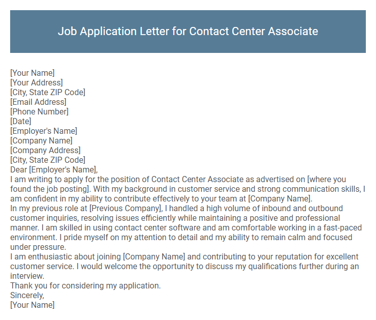 Job Application Letter for Contact Center Associate