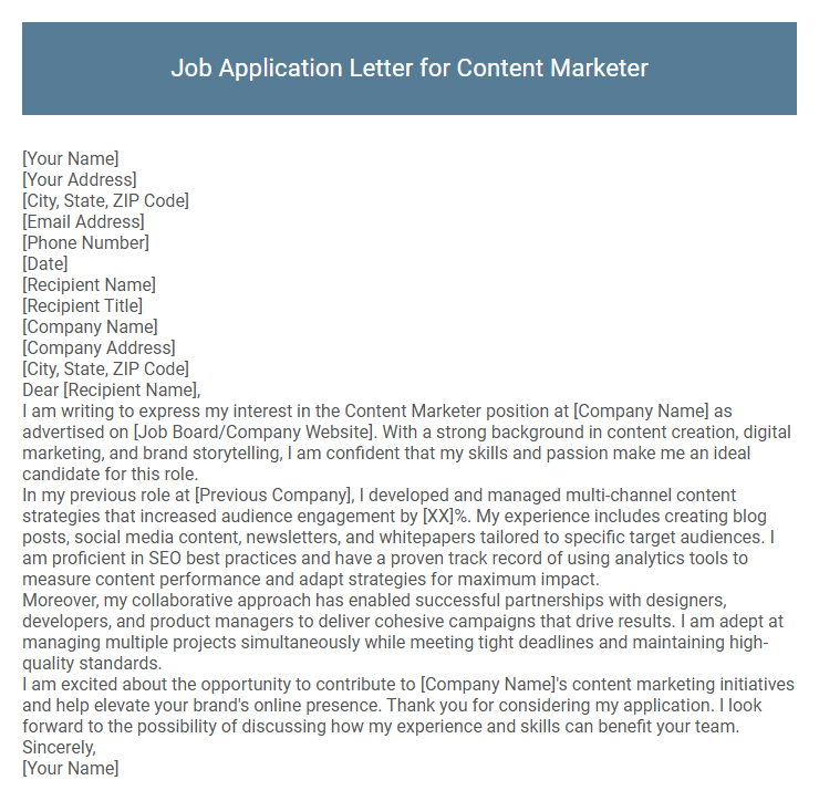 Job Application Letter for Content Marketer