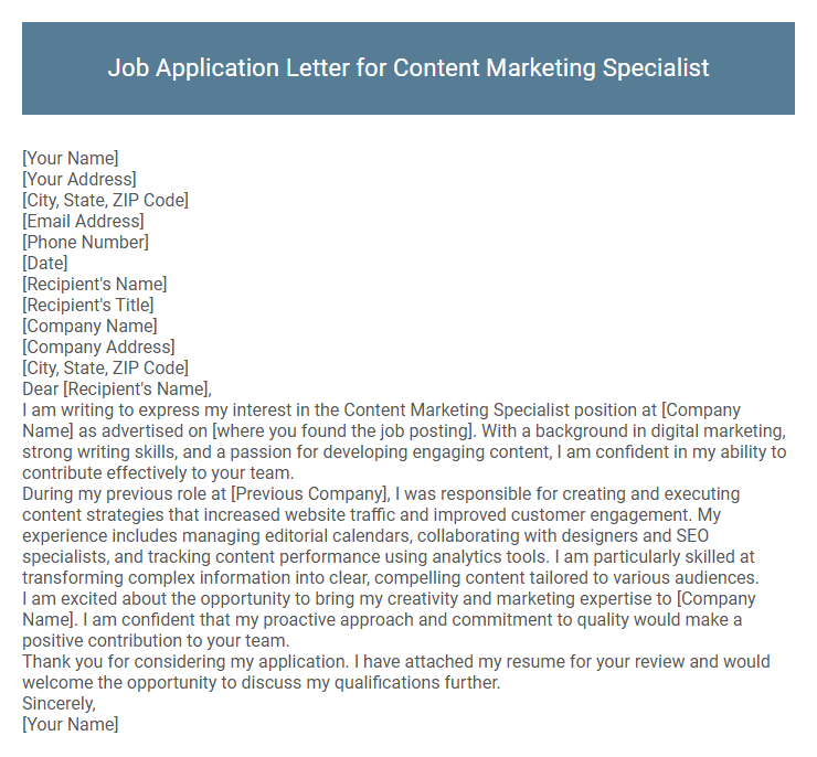 Job Application Letter for Content Marketing Specialist