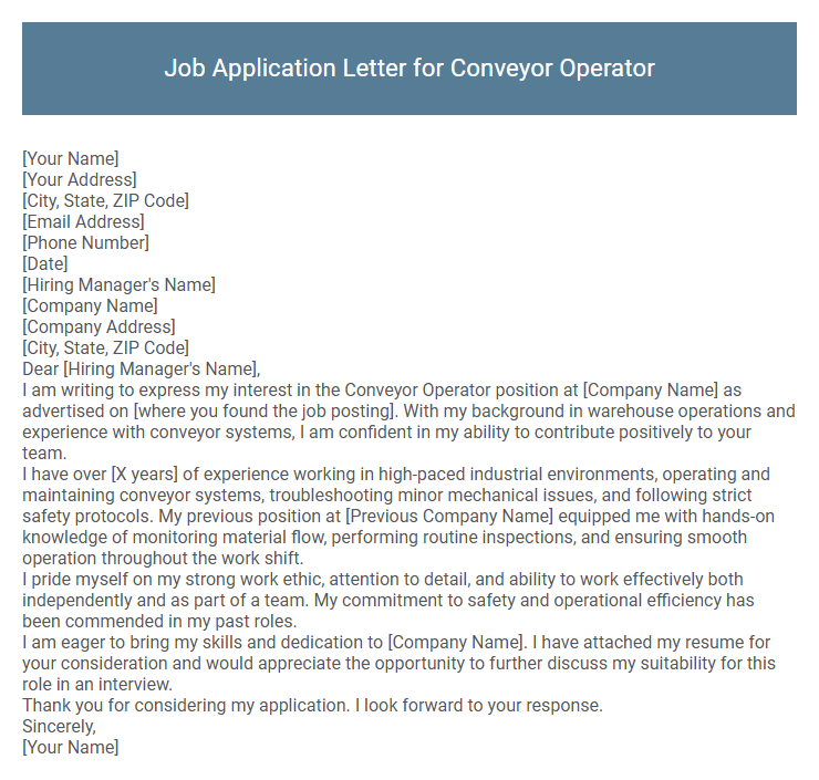 Job Application Letter for Conveyor Operator