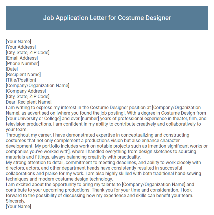 Job Application Letter for Costume Designer