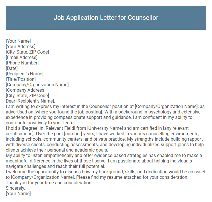 Job Application Letter for Counsellor