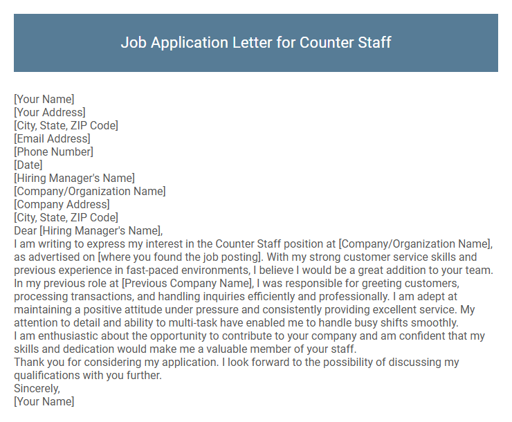 Job Application Letter for Counter Staff