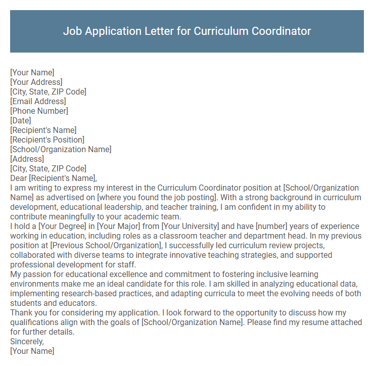 Job Application Letter for Curriculum Coordinator