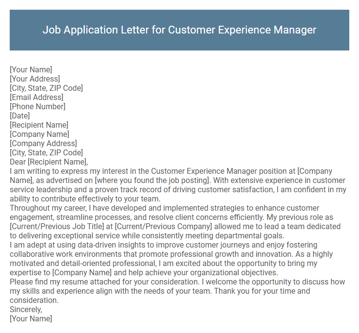Job Application Letter for Customer Experience Manager