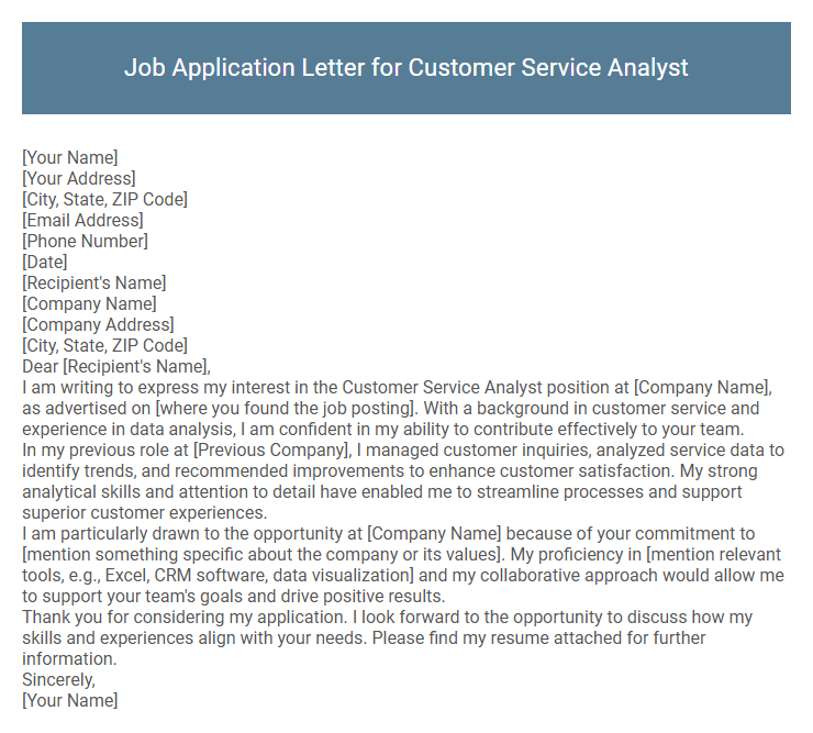 Job Application Letter for Customer Service Analyst
