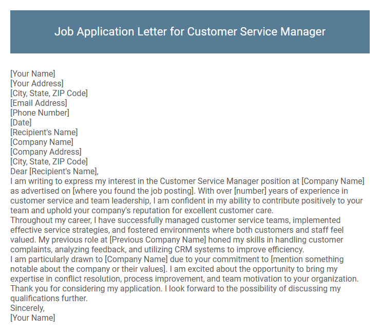 Job Application Letter for Customer Service Manager