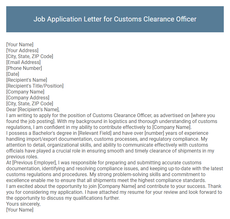 Job Application Letter for Customs Clearance Officer