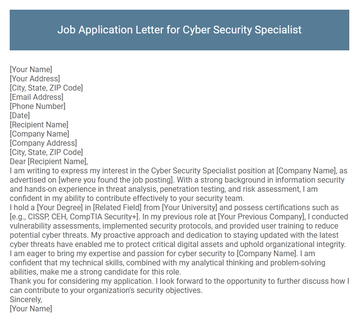 Job Application Letter for Cyber Security Specialist