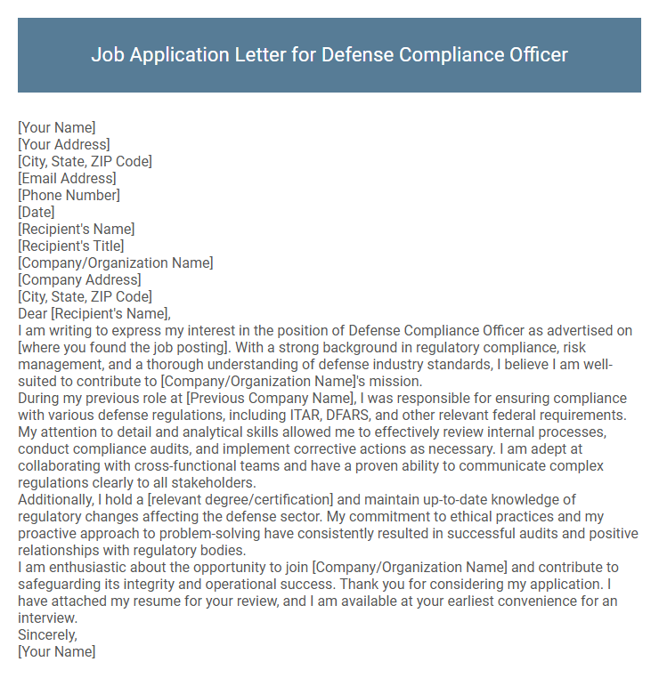 Job Application Letter for Defense Compliance Officer