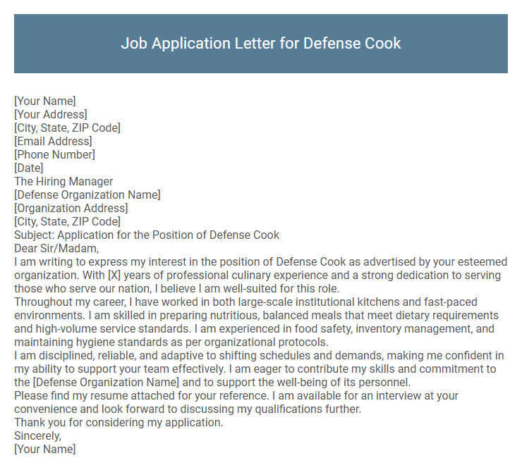 Job Application Letter for Defense Cook