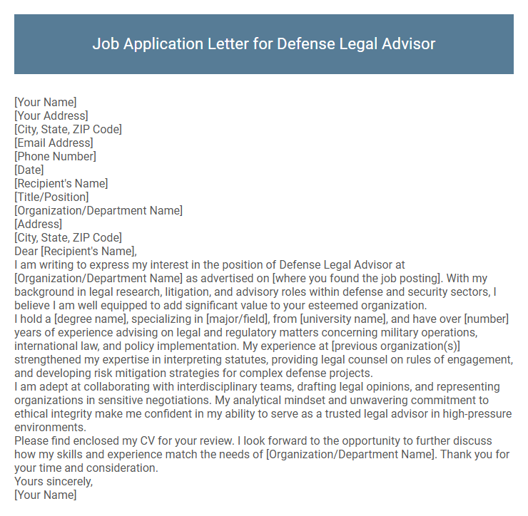 Job Application Letter for Defense Legal Advisor