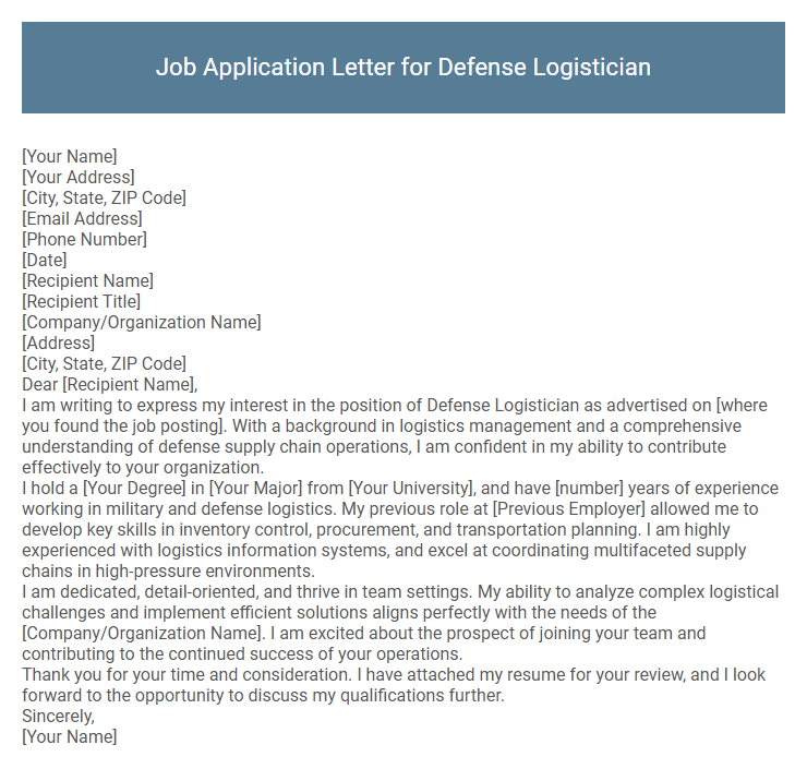 Job Application Letter for Defense Logistician