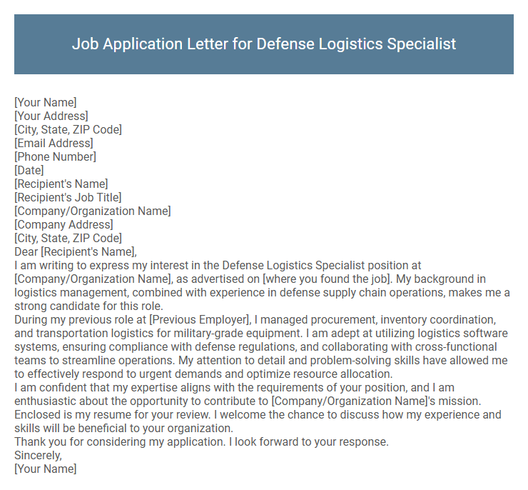 Job Application Letter for Defense Logistics Specialist