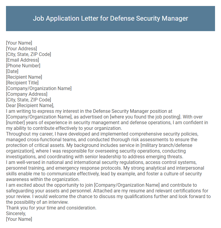 Job Application Letter for Defense Security Manager