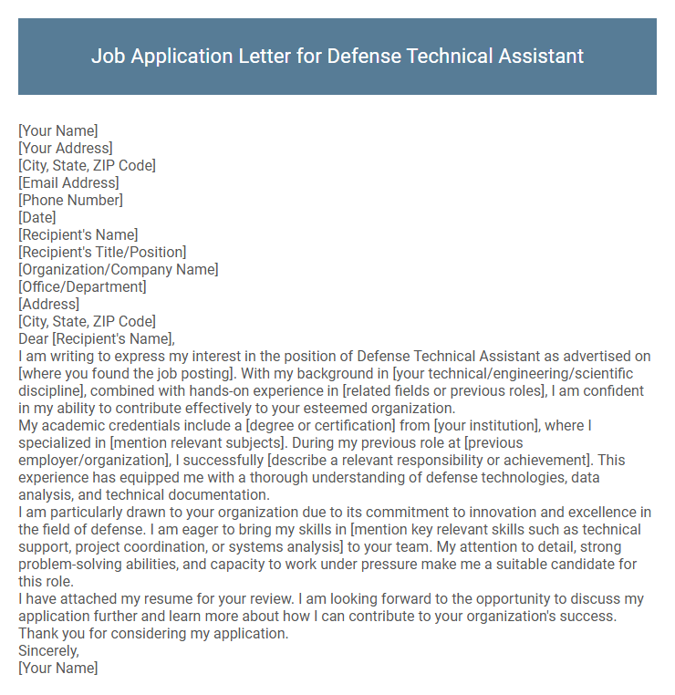 Job Application Letter for Defense Technical Assistant