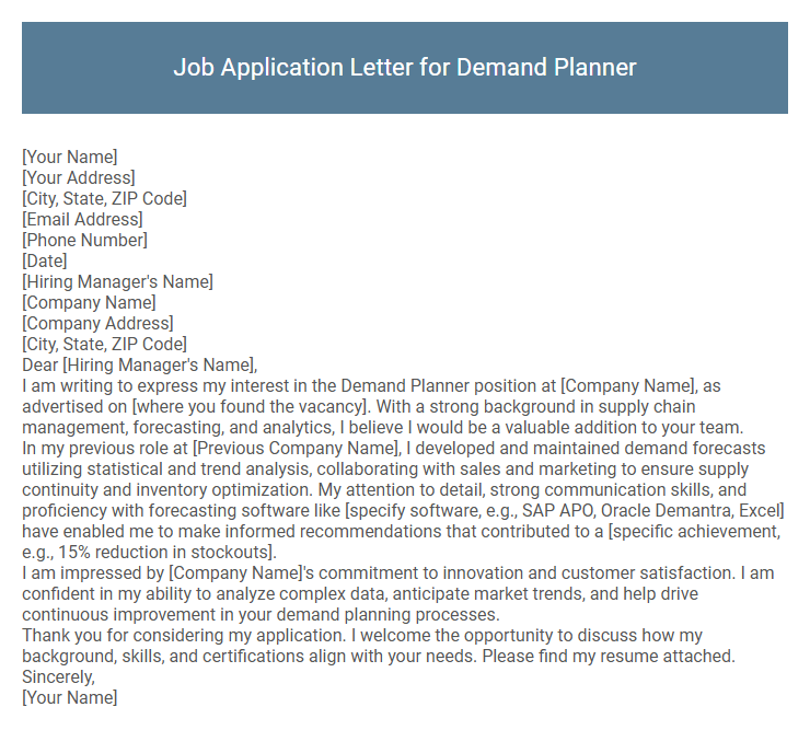 Job Application Letter for Demand Planner