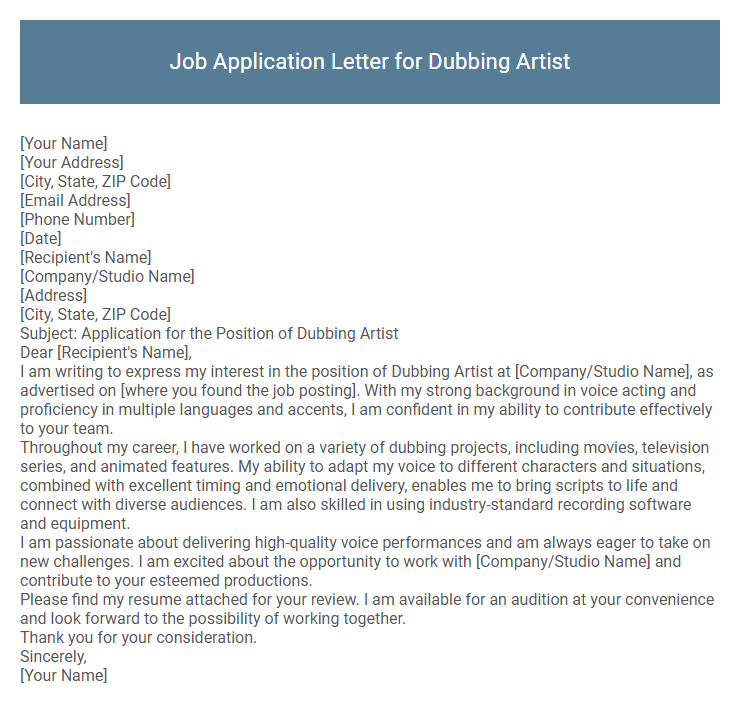 Job Application Letter for Dubbing Artist